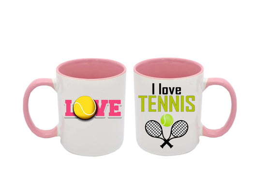 Hrnek bílý s růžový uchem - #5 I love Tennis